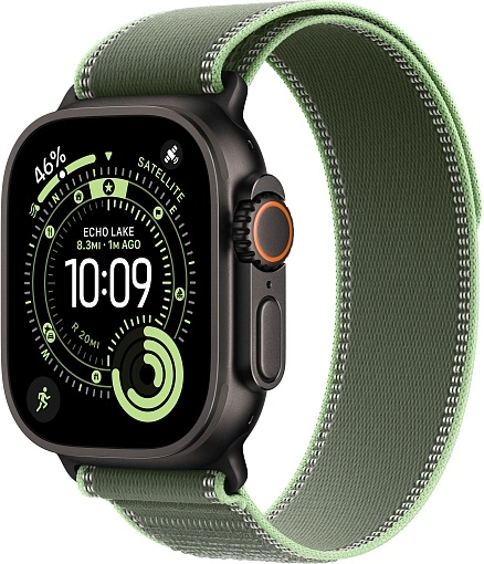 Apple Watch Ultra 3 49 мм, корпус из черного титана, ремешок Trail зеленого цвета, размер M/L