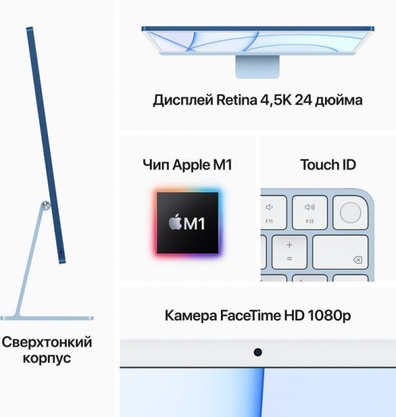 Моноблок Apple iMac 24" Retina 4,5K, M1 (8-core GPU), 8 ГБ, 256 ГБ (Z130000BK), фиолетовый