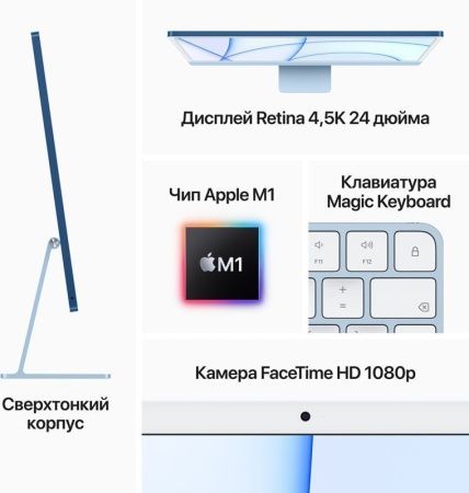 Моноблок Apple iMac 24" Retina 4,5K, M1 (8-core GPU), 8 ГБ, 256 ГБ (MGPK3), синий