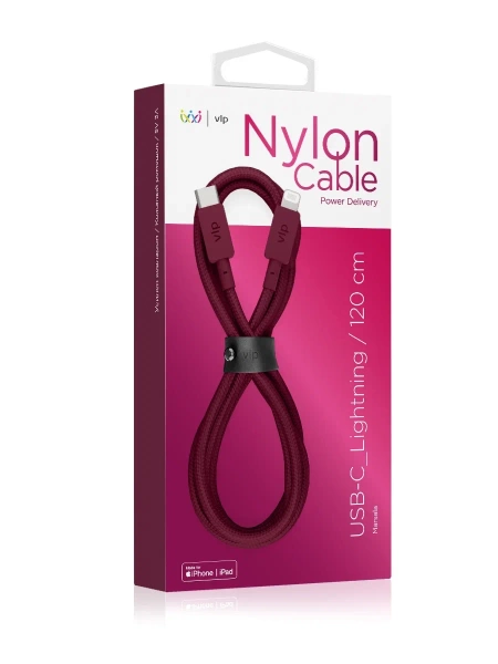 Зарядный провод "vlp" Nylon Cable USB C - Lightning MF 1.2м, марсала