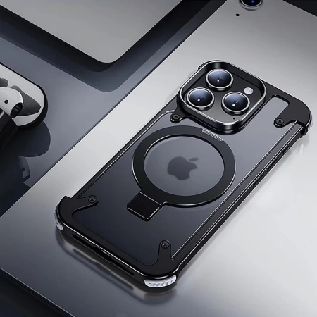 Чехол подставка из алюминиевого сплава для iPhone 15 Pro Max, титановый (MagFit)