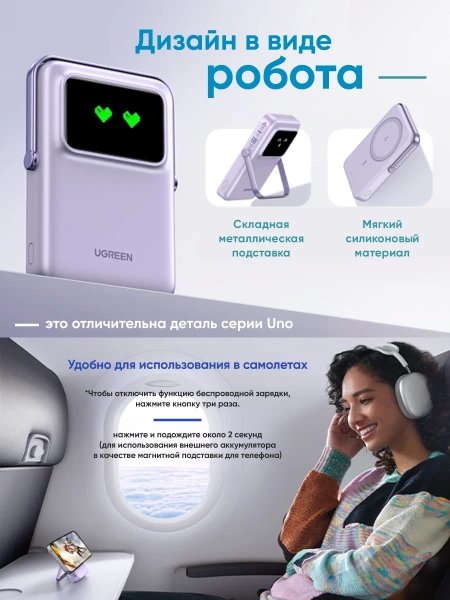 Внешний аккумулятор UGREEN UNO 10000mAh Mini Robot 20W Power Bank с держателем, фиолетовый