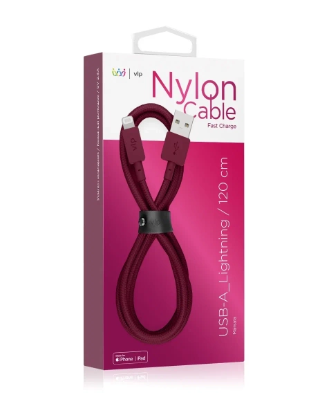 Зарядный провод "vlp" Nylon Cable USB A - Lightning MFI, 1.2м, марсала
