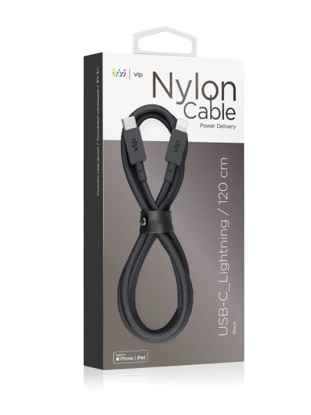 Зарядный провод "vlp" Nylon Cable USB C - Lightning MF 1.2м, черный