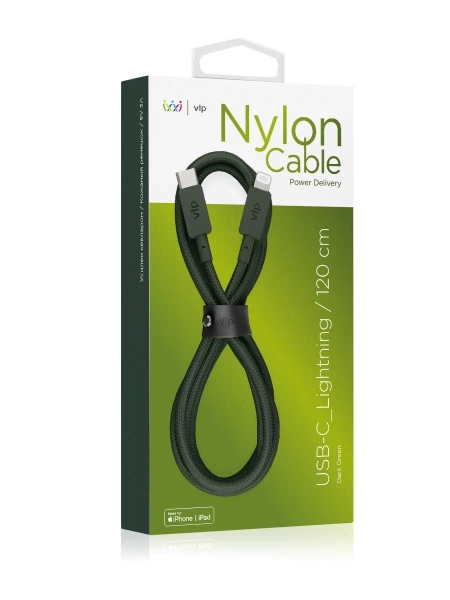 Зарядный провод "vlp" Nylon Cable USB C - Lightning MF 1.2м, темно-зеленый