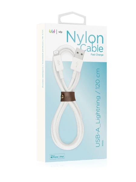 Зарядный провод "vlp" Nylon Cable USB A - Lightning MFI, 1.2м, белый